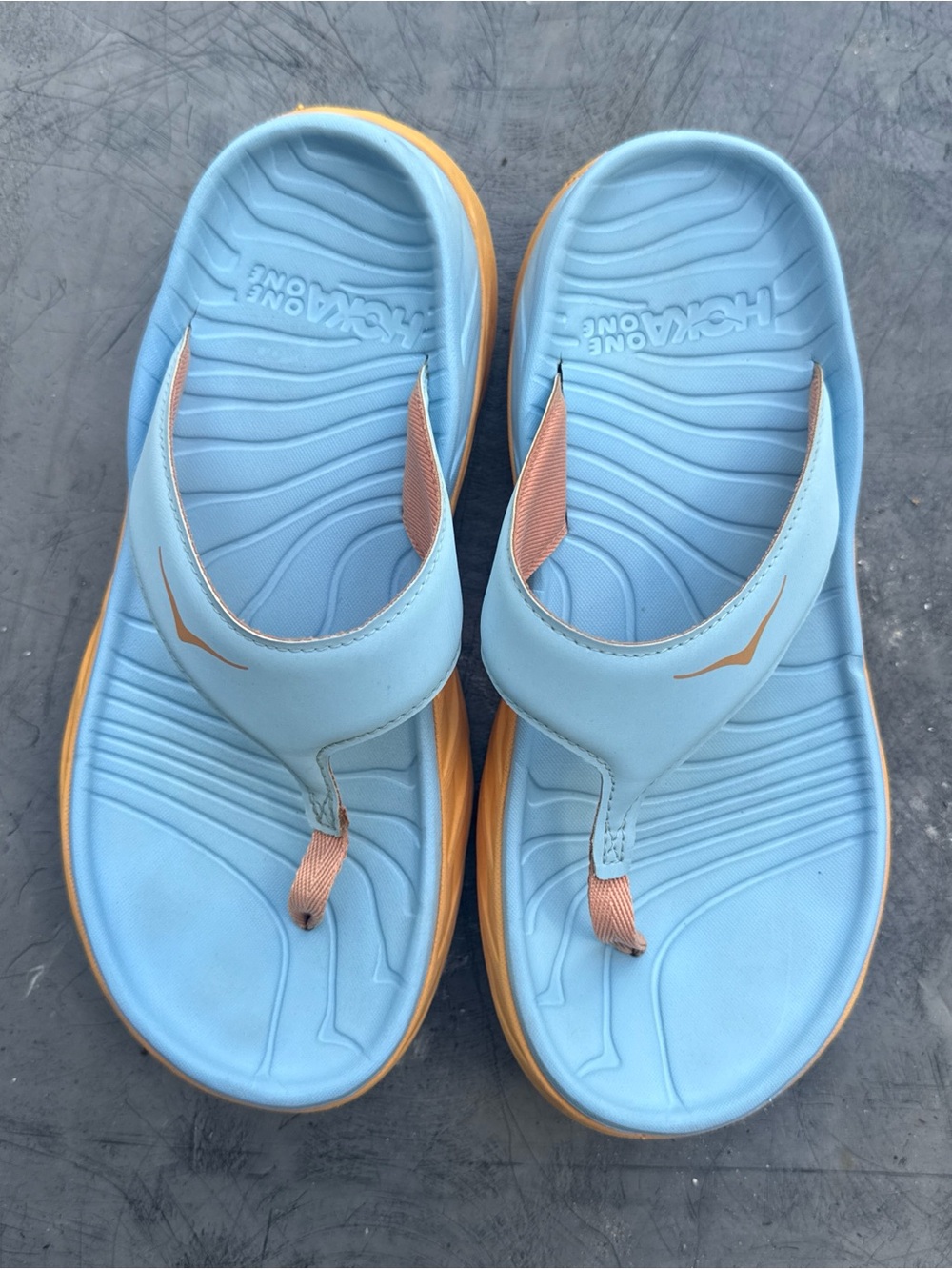 Hoka One One Light Blue and Peach Flip Flop Sandals with Gold Accent size 9 - Picture 3 of 8